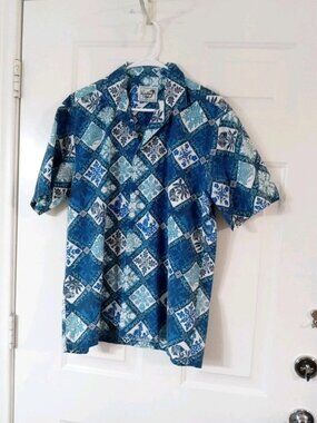 Vintage Paradise Style Hawaii Tropical Hawaiian Blue Camp Shirt Men's Large